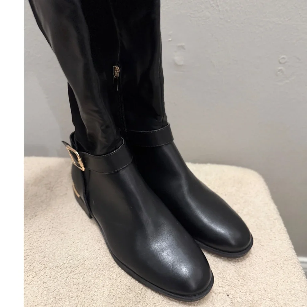 Nine Andone West Black Over The Knee Boots Gold Buckle Stretch Minimalist 9.5